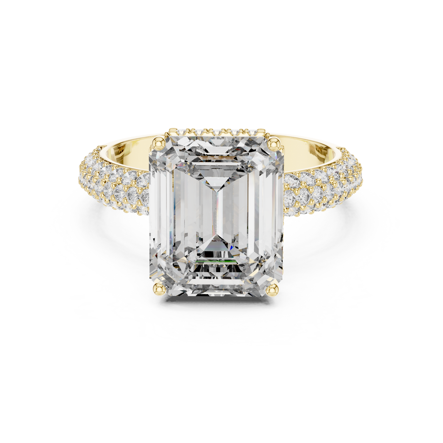 Emerald-Cut Diamond Engagement Ring with Triple-Row Pavé Band | Lab-Grown Diamond