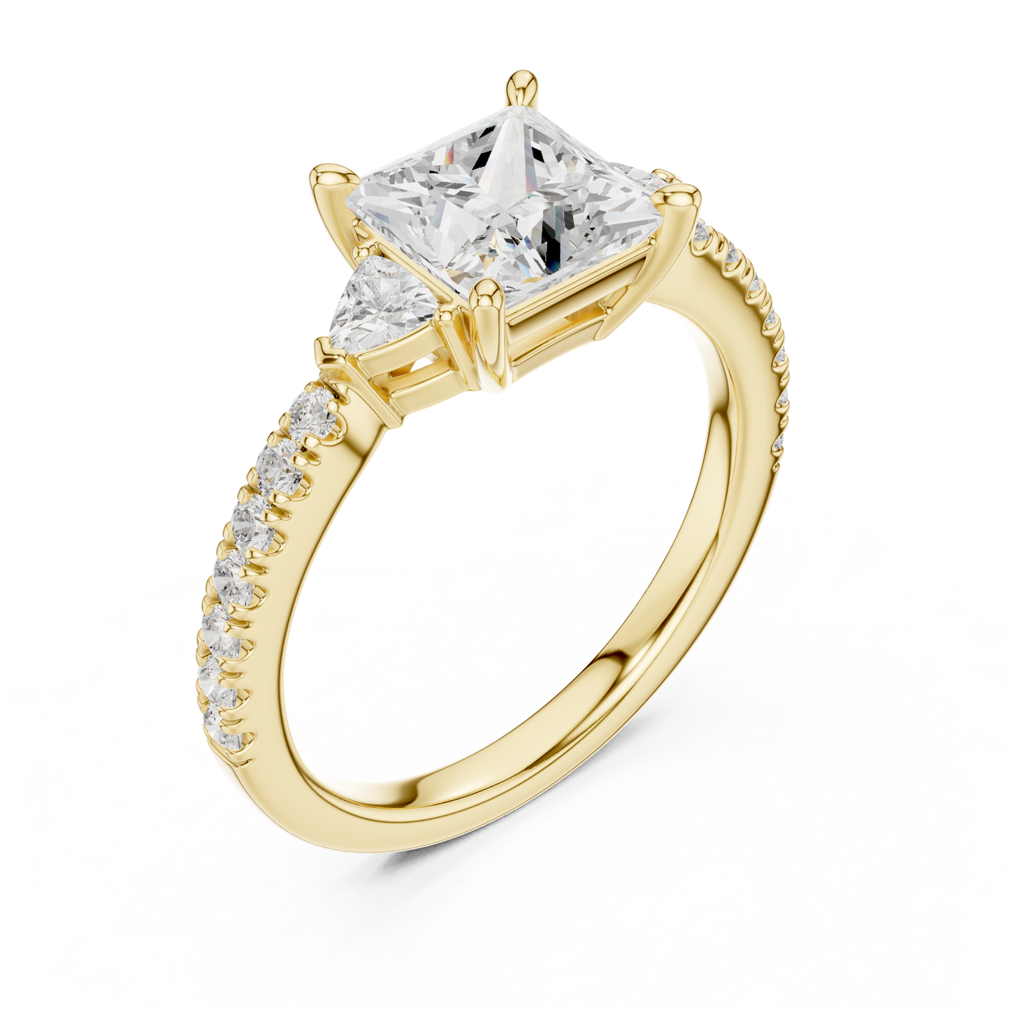 Princess-Cut Center Diamond Engagement Ring | Trillion Side Stones on Pavé Band