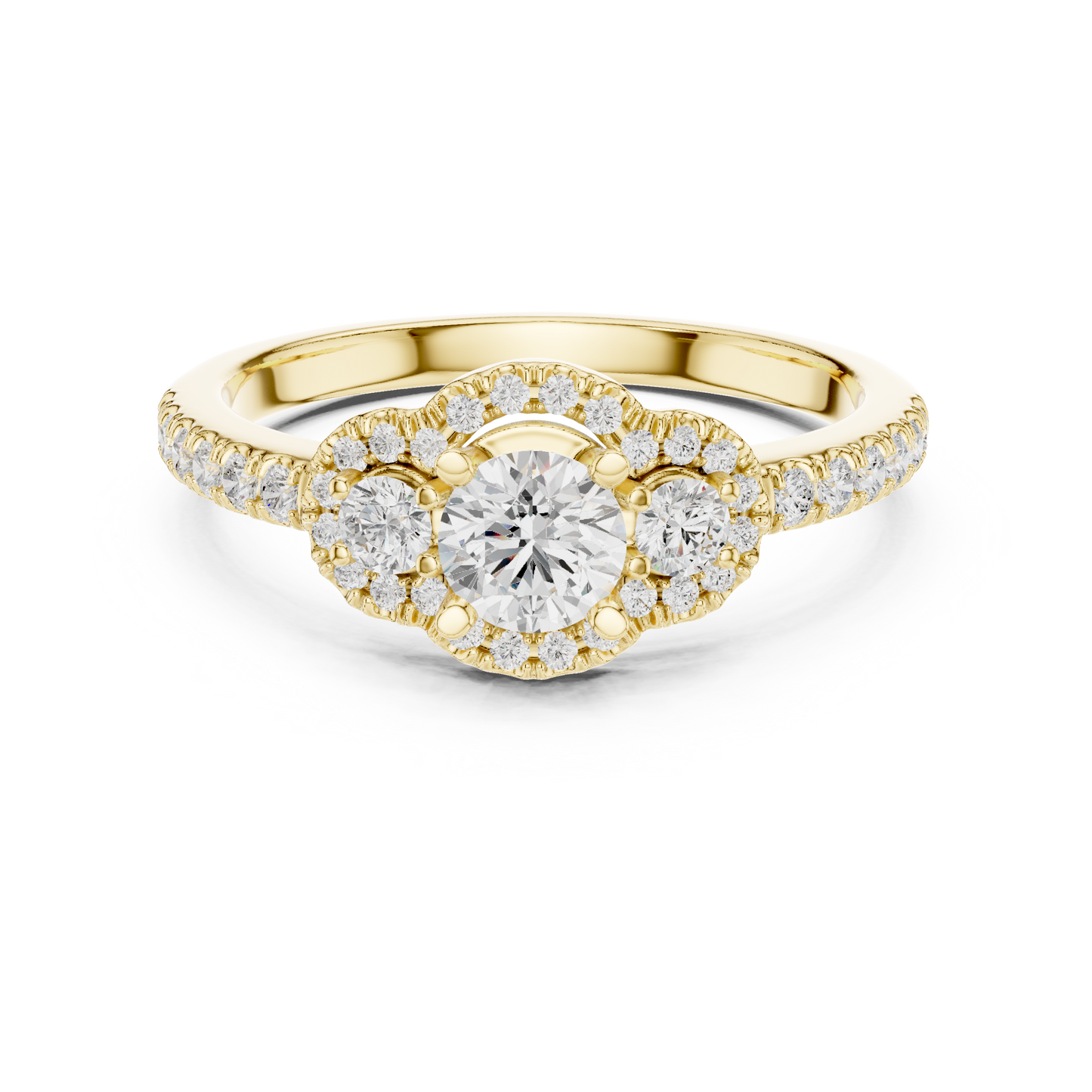 Halo Three-Stone Lab Diamond Engagement Ring | Round-Cut Center Stones