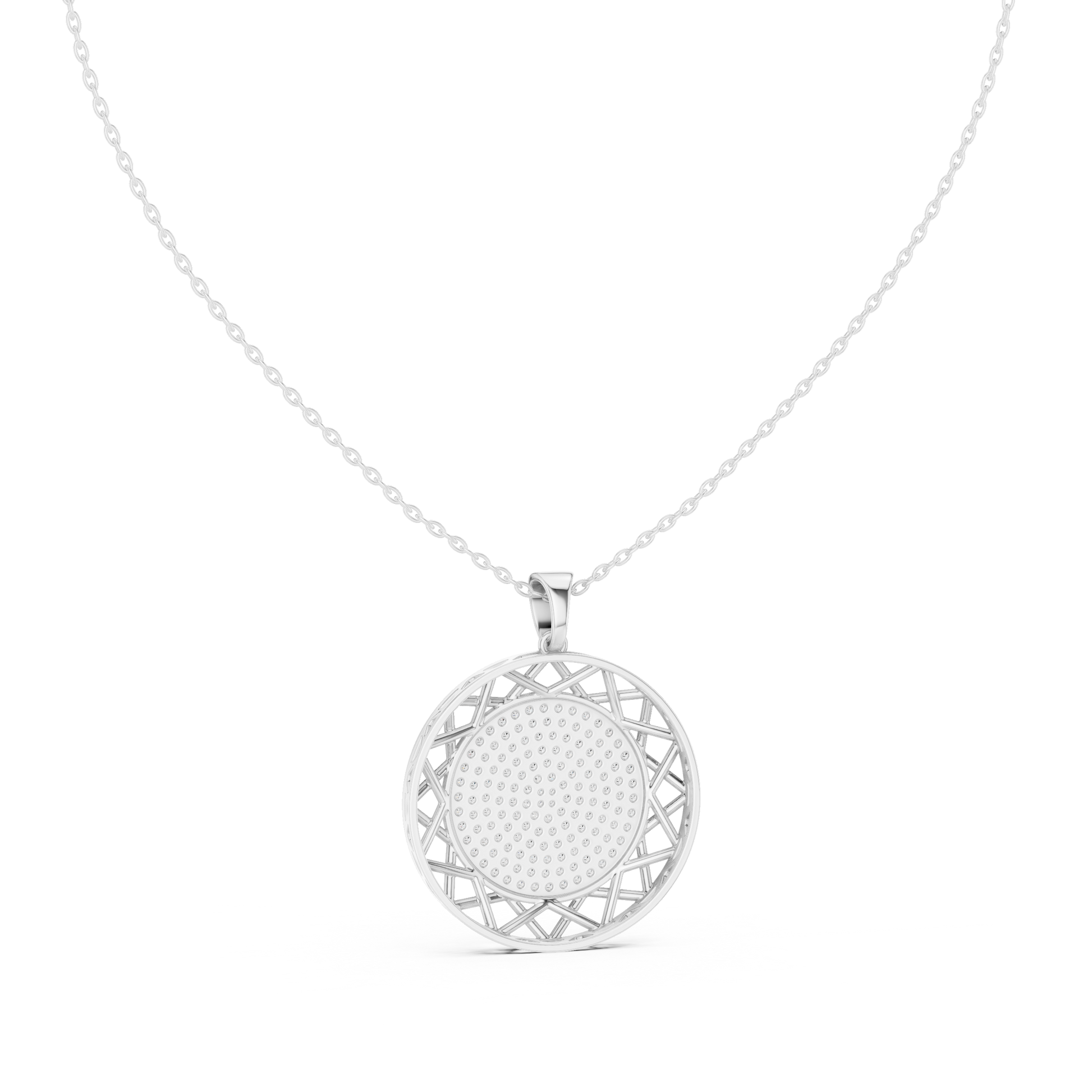 Round geometric lattice medallion pendant necklace

Modern medallion pendant in silver or gold

Lightweight geometric pendant close-up