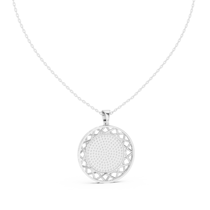 Round geometric lattice medallion pendant necklace

Modern medallion pendant in silver or gold

Lightweight geometric pendant close-up