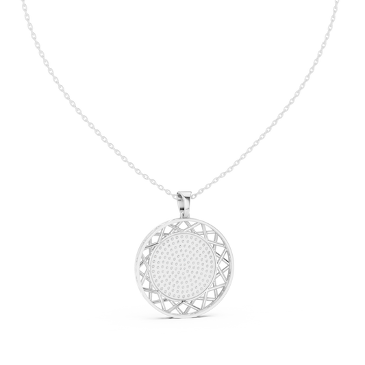 Round geometric lattice medallion pendant necklace

Modern medallion pendant in silver or gold

Lightweight geometric pendant close-up