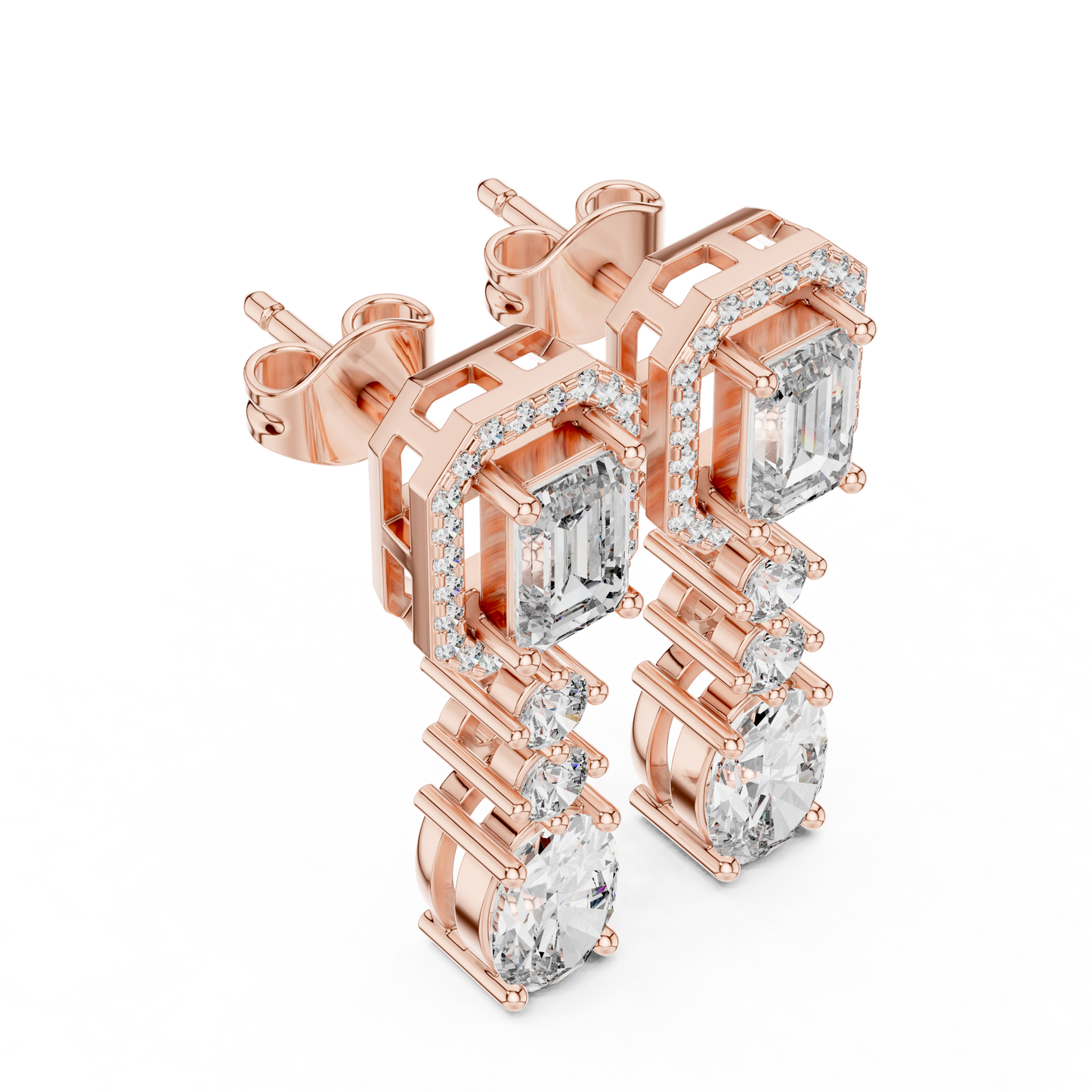 Emerald-Cut Diamond Drop Earrings | Halo & Oval Cascade