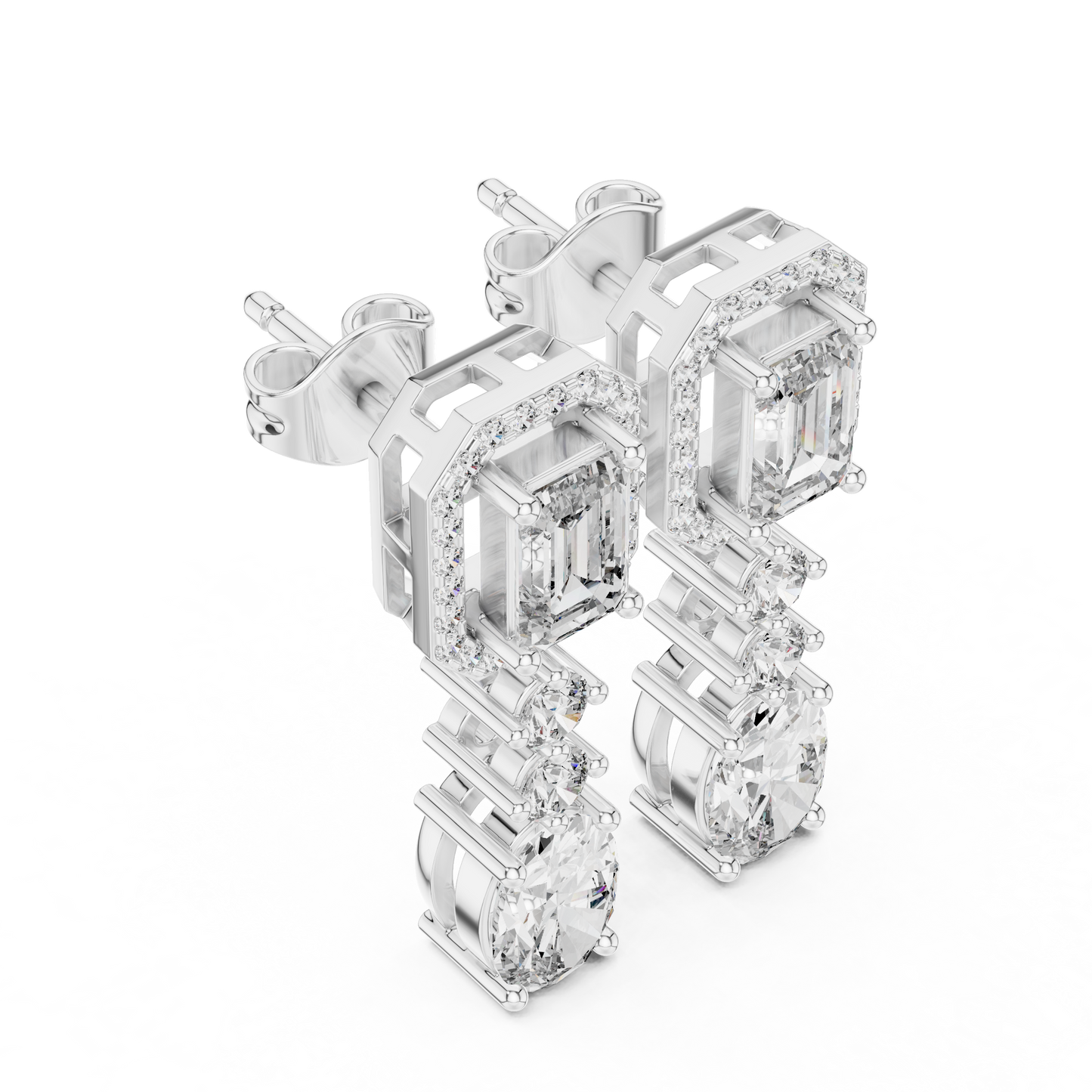 Emerald-Cut Diamond Drop Earrings | Halo & Oval Cascade