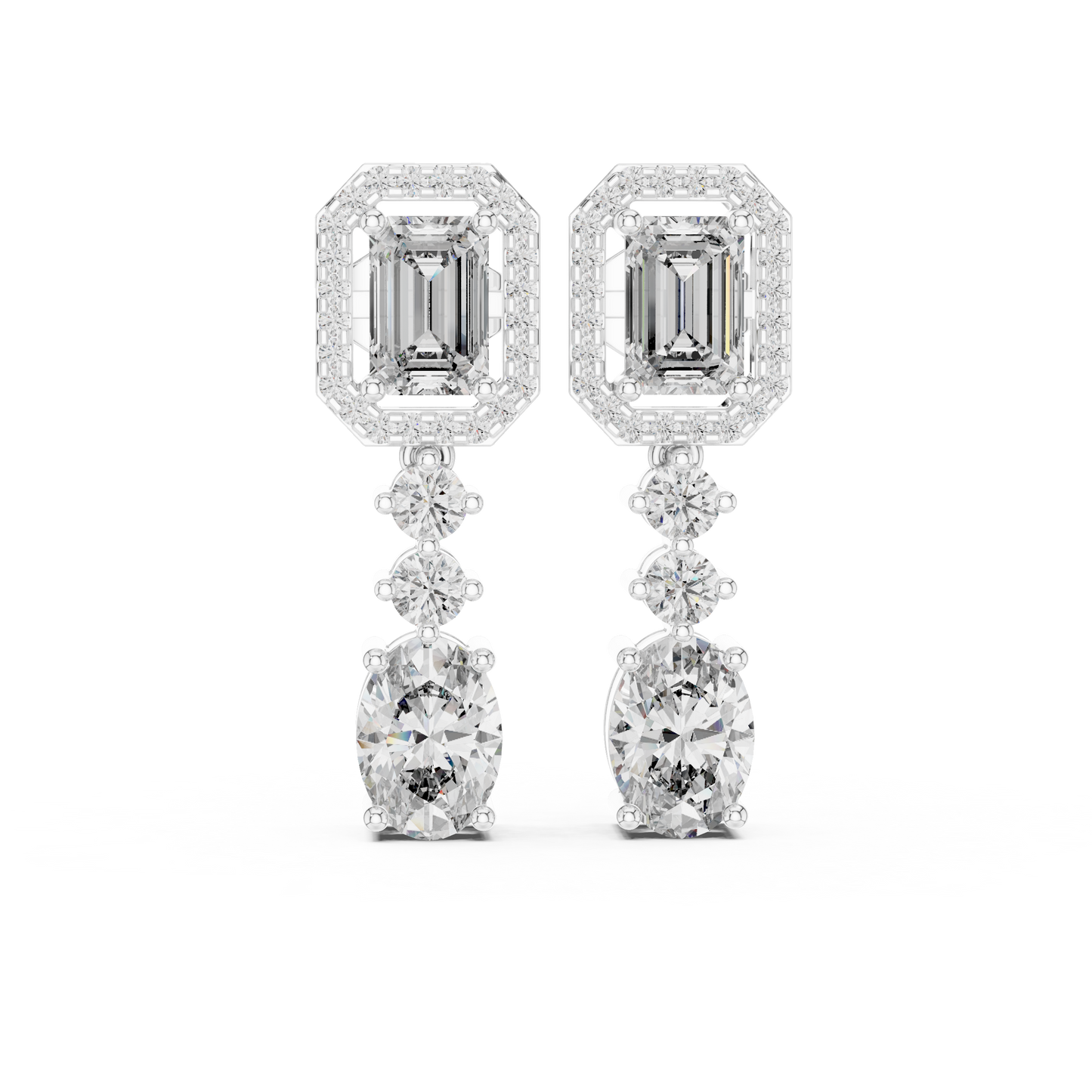 Emerald-Cut Diamond Drop Earrings | Halo & Oval Cascade