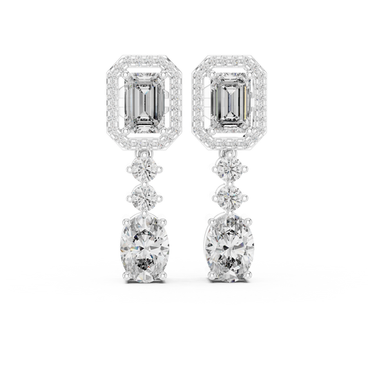 Emerald-Cut Diamond Drop Earrings | Halo & Oval Cascade