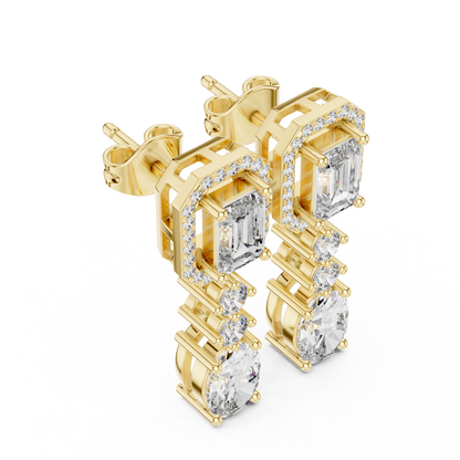 Emerald-Cut Diamond Drop Earrings | Halo & Oval Cascade