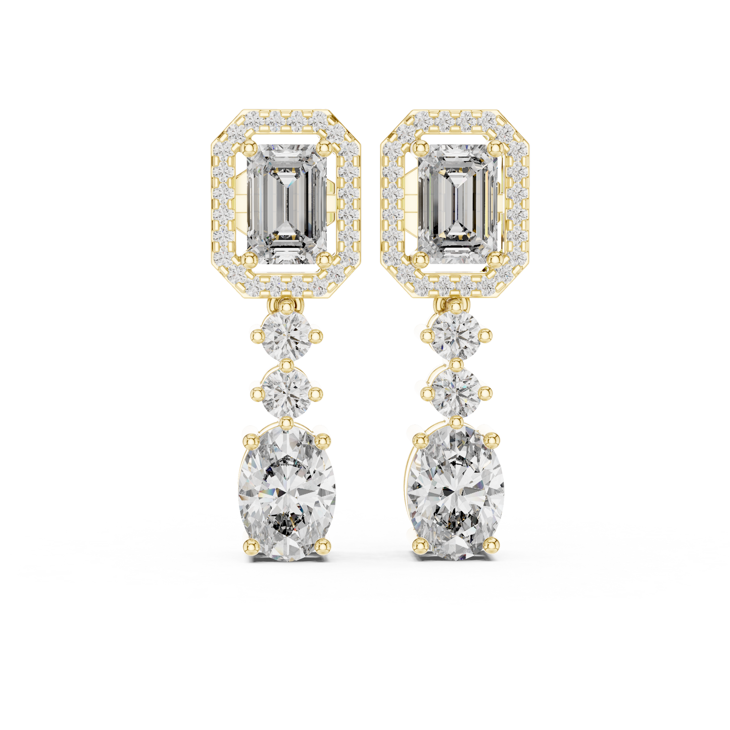 Emerald-Cut Diamond Drop Earrings | Halo & Oval Cascade