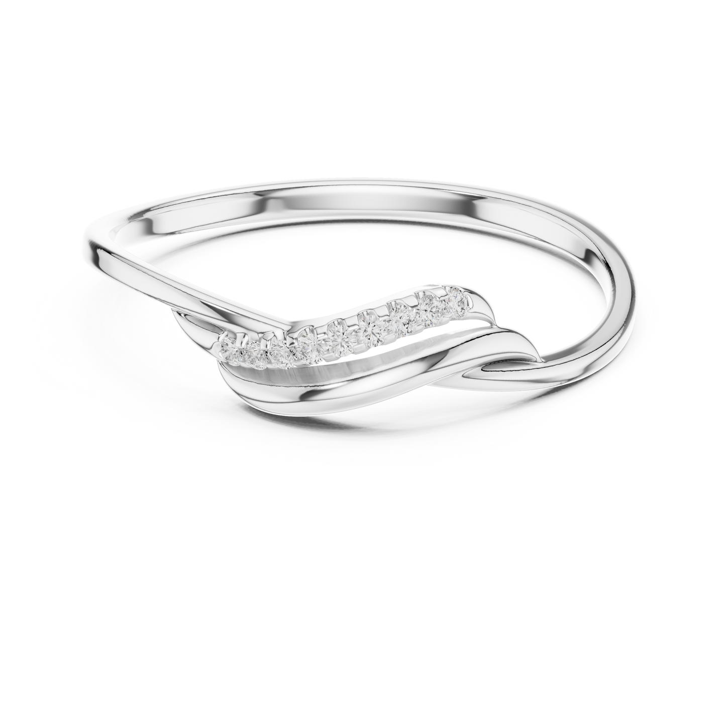Diamond bypass ring featuring two overlapping curved bands adorned with sparkling diamonds
