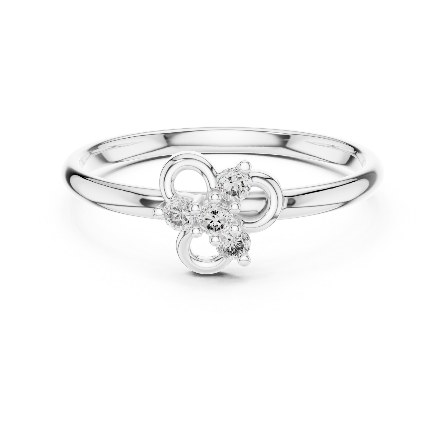 Dainty minimalist floral clover leaf ring featuring a halo cluster of sparkling diamonds