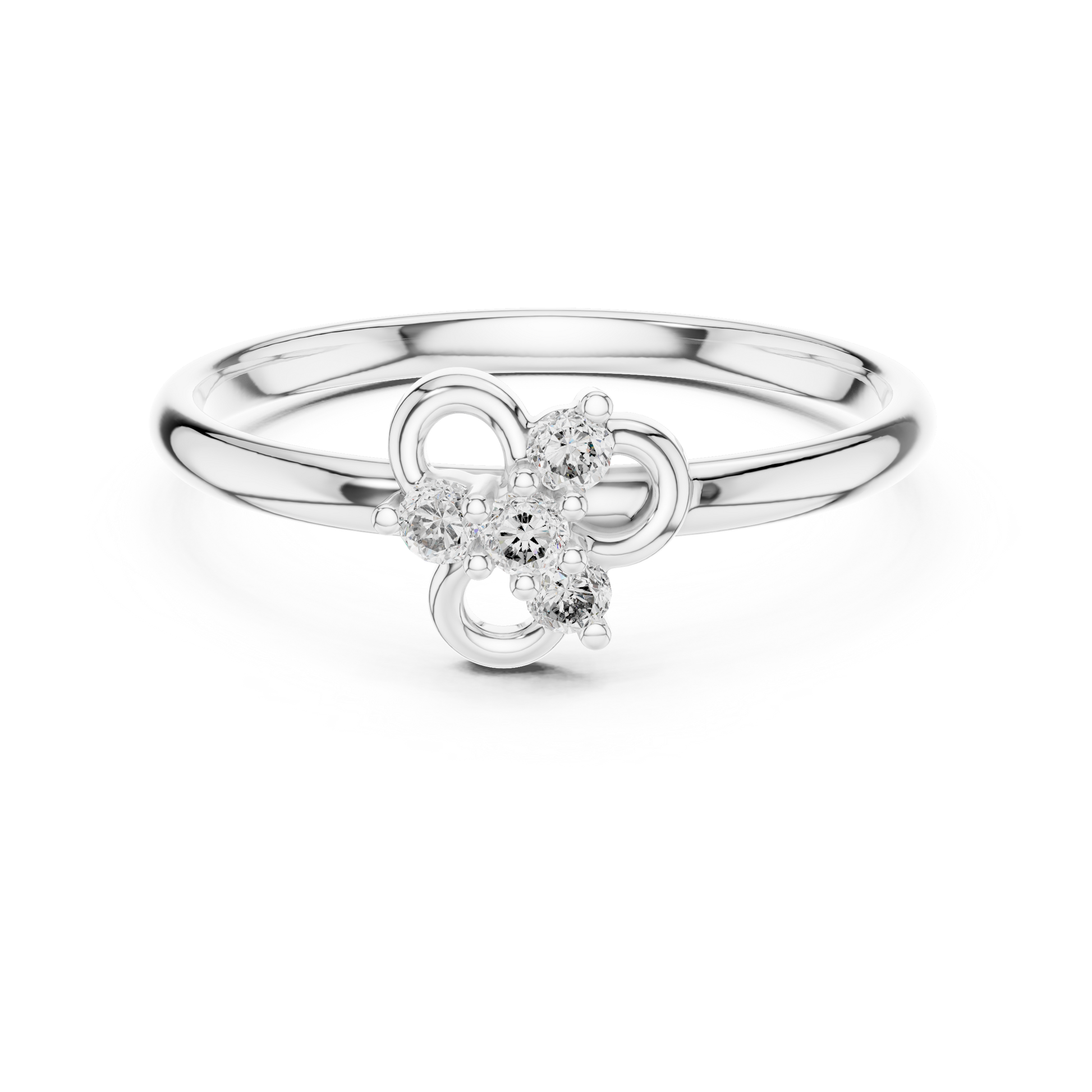 Dainty minimalist floral clover leaf ring featuring a halo cluster of sparkling diamonds
