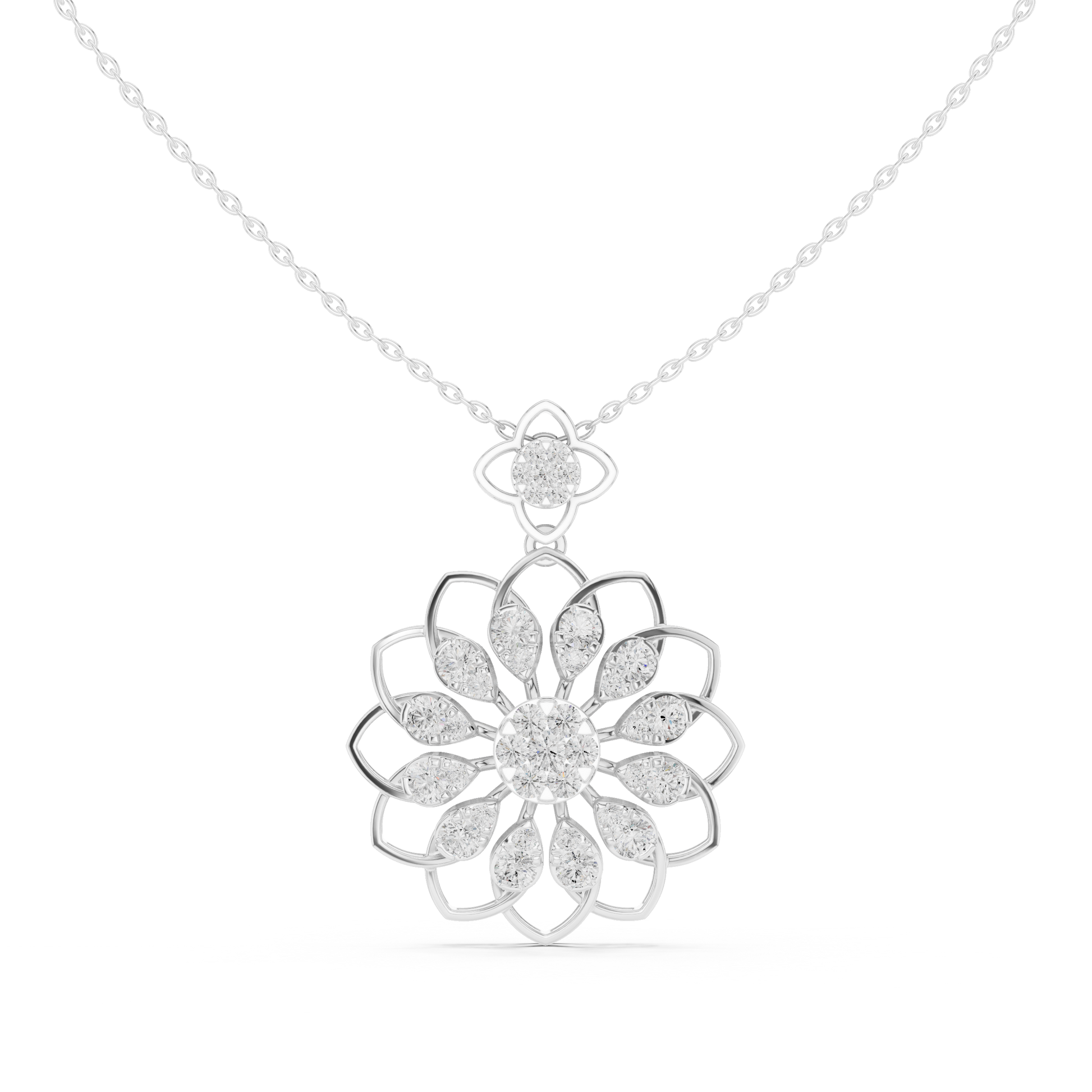 Diamond floral pendant necklace in white gold

Lab-grown diamond floral pendant for women

Elegant flower-shaped diamond necklace