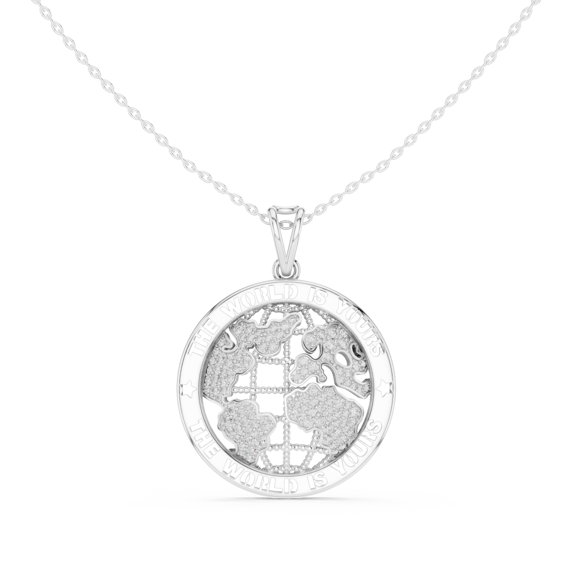 The World Is Yours diamond pendant necklace in white gold

Luxury statement necklace with diamond lettering

Motivational diamond necklace for men and women