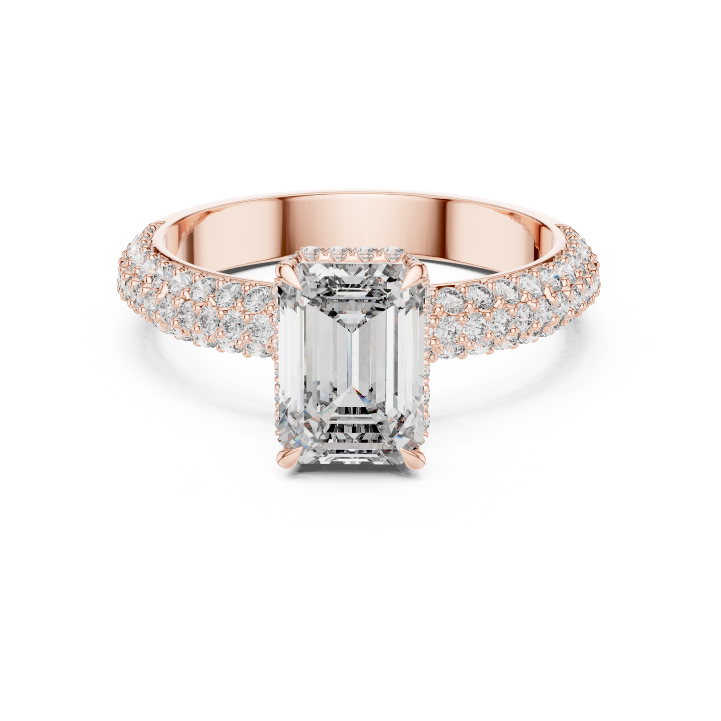 Emerald-Cut Lab-Grown Diamond Engagement Ring with Hidden Halo & Pavé Shank