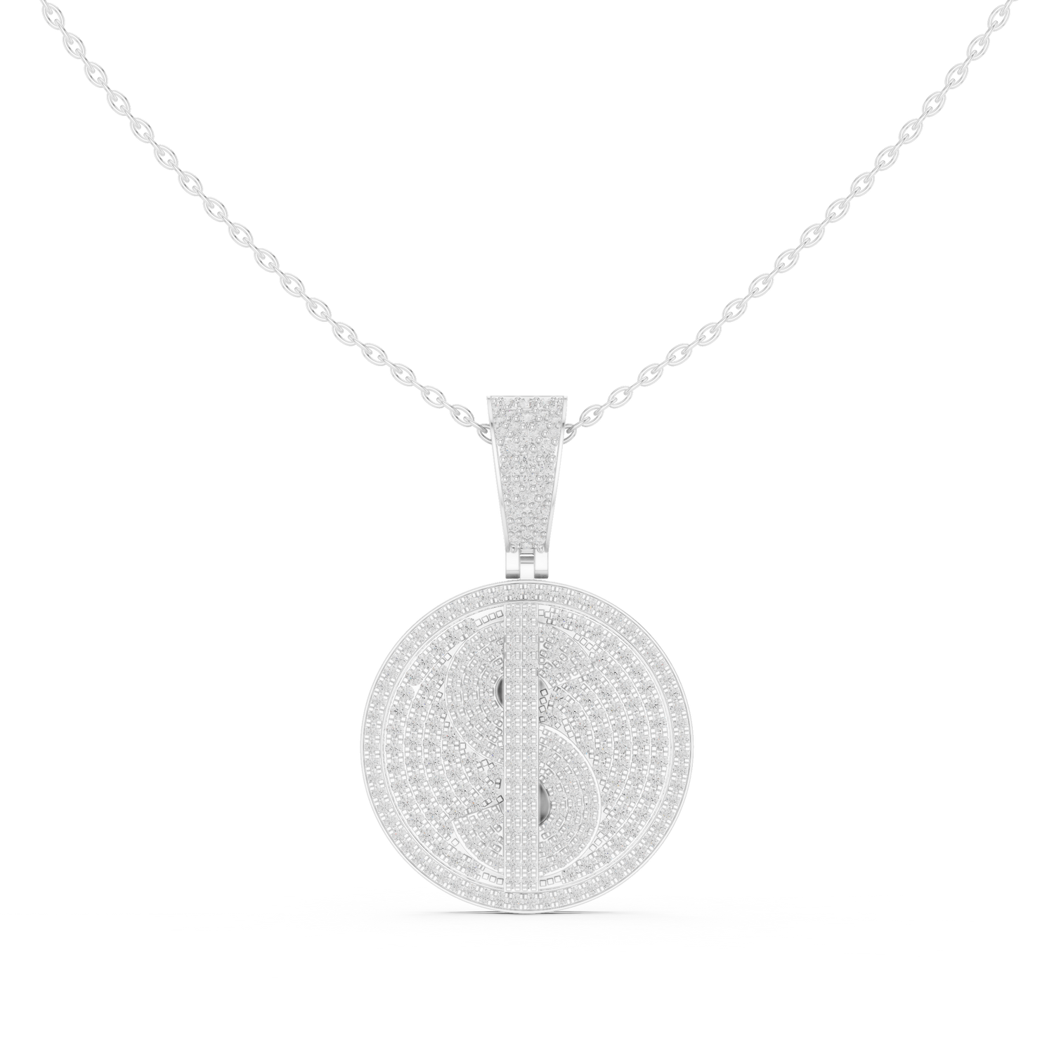 Men’s dollar sign pendant with genuine diamonds in white gold

Diamond dollar symbol pendant for men in gold

Luxury hip hop diamond dollar pendant
