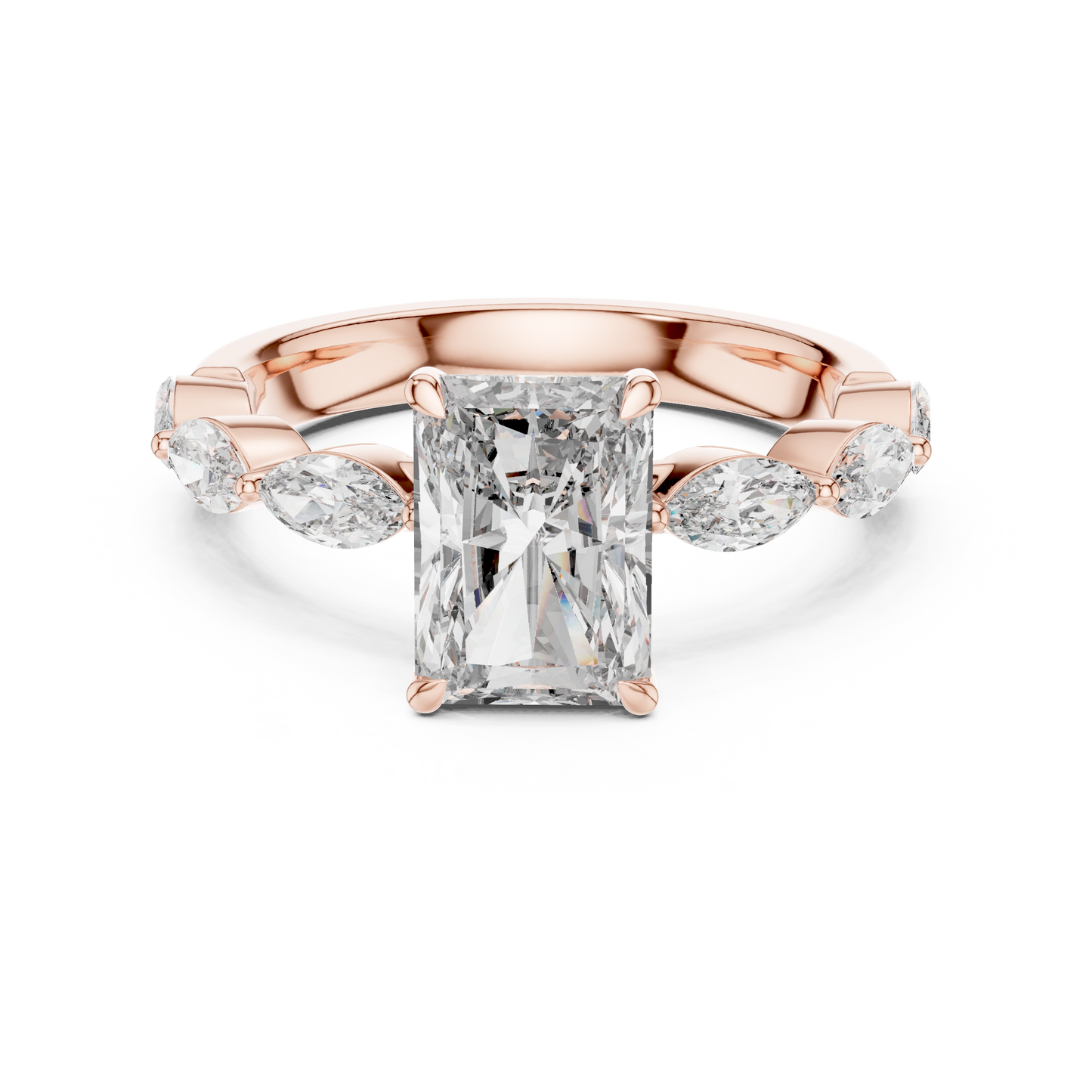 Radiant-Cut Moissanite Ring with Marquise Side Stones & Hidden Halo
