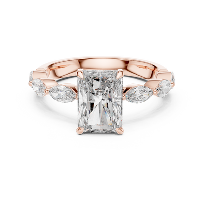 Radiant-Cut Moissanite Ring with Marquise Side Stones & Hidden Halo