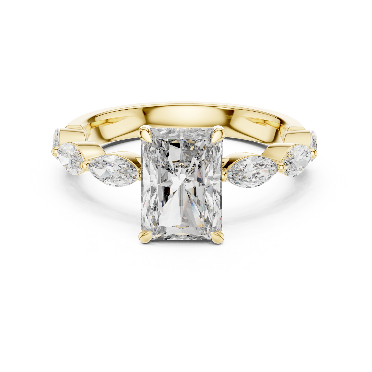 Radiant-Cut Moissanite Ring with Marquise Side Stones & Hidden Halo