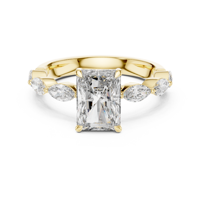 Radiant-Cut Moissanite Ring with Marquise Side Stones & Hidden Halo