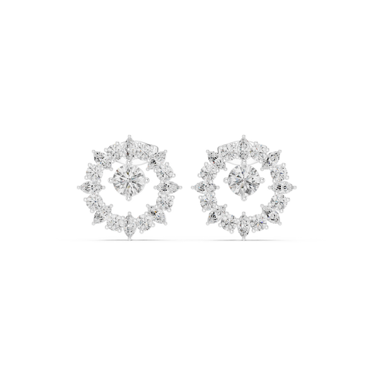 Designer double-threaded floral earrings with central diamond in 935 silver

Elegant floral diamond earrings in white gold

Statement designer earrings with layered thread floral design and central diamond