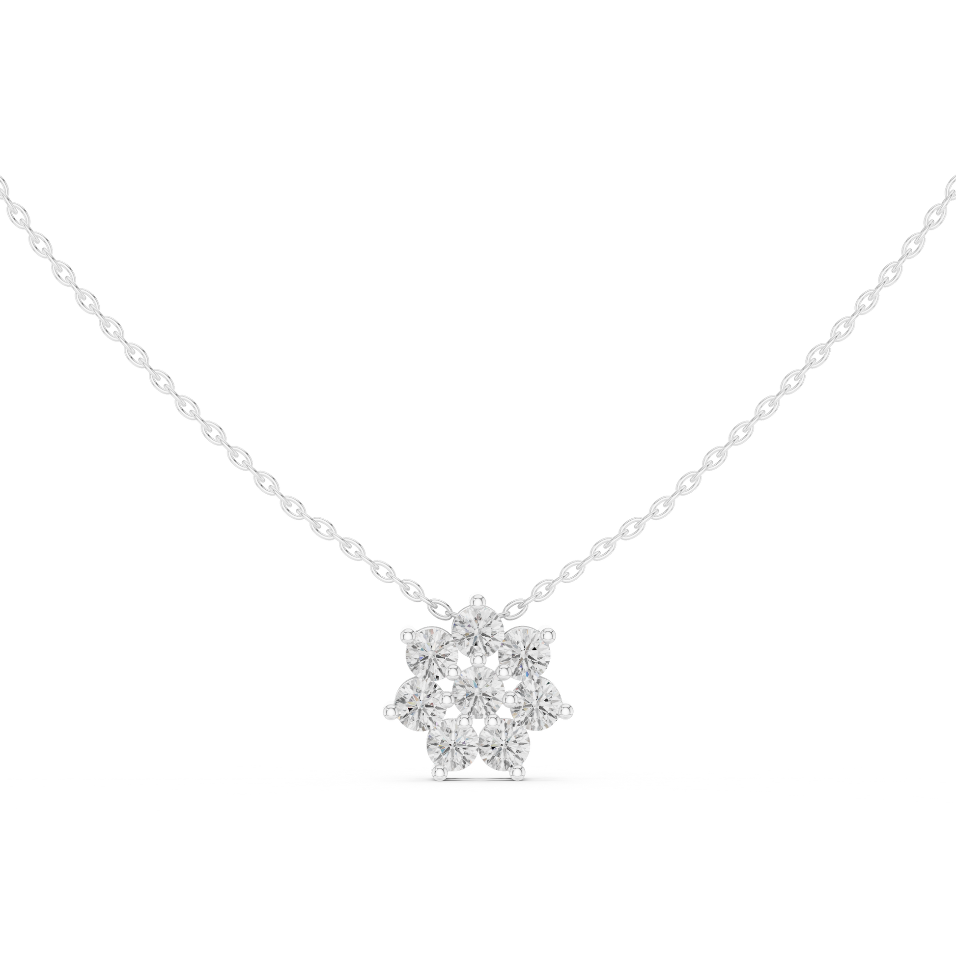 Flowery snowflake diamond pendant necklace with floral design on a link chain
