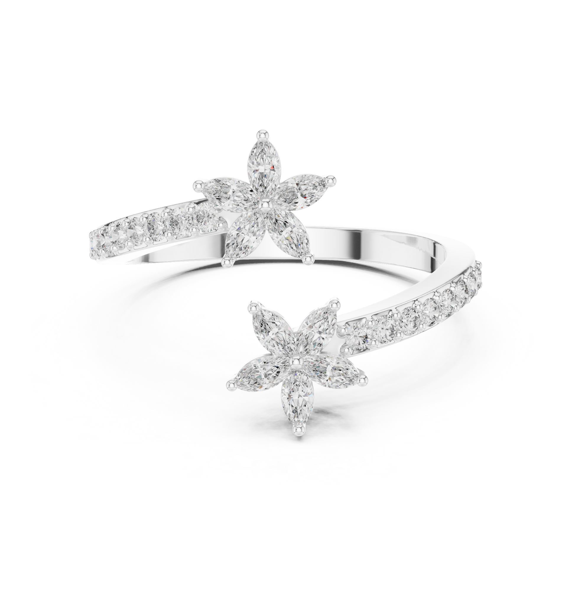 Diamond flower wrap ring in 935 silver

Elegant white gold floral bypass ring with sparkling diamonds

Romantic women’s diamond ring featuring flower motif wrap design