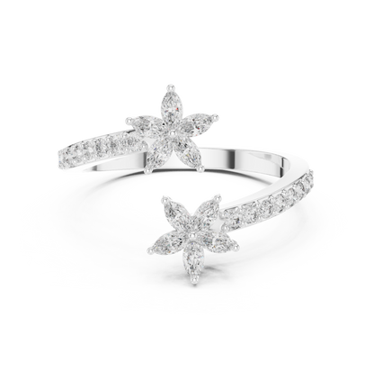 Diamond flower wrap ring in 935 silver

Elegant white gold floral bypass ring with sparkling diamonds

Romantic women’s diamond ring featuring flower motif wrap design