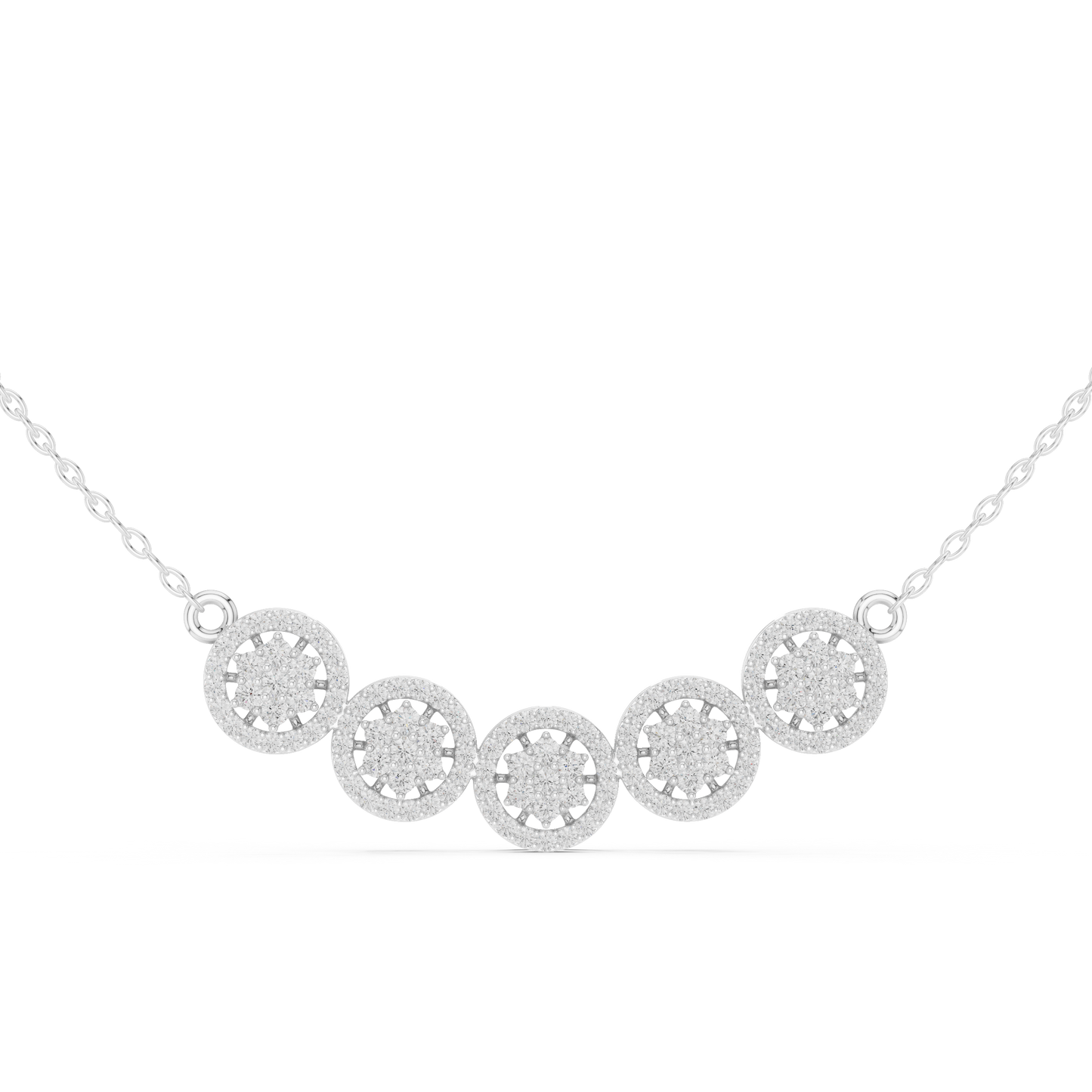 Crystal-embedded necklace featuring five intricately crafted circular pendants with sparkling crystals