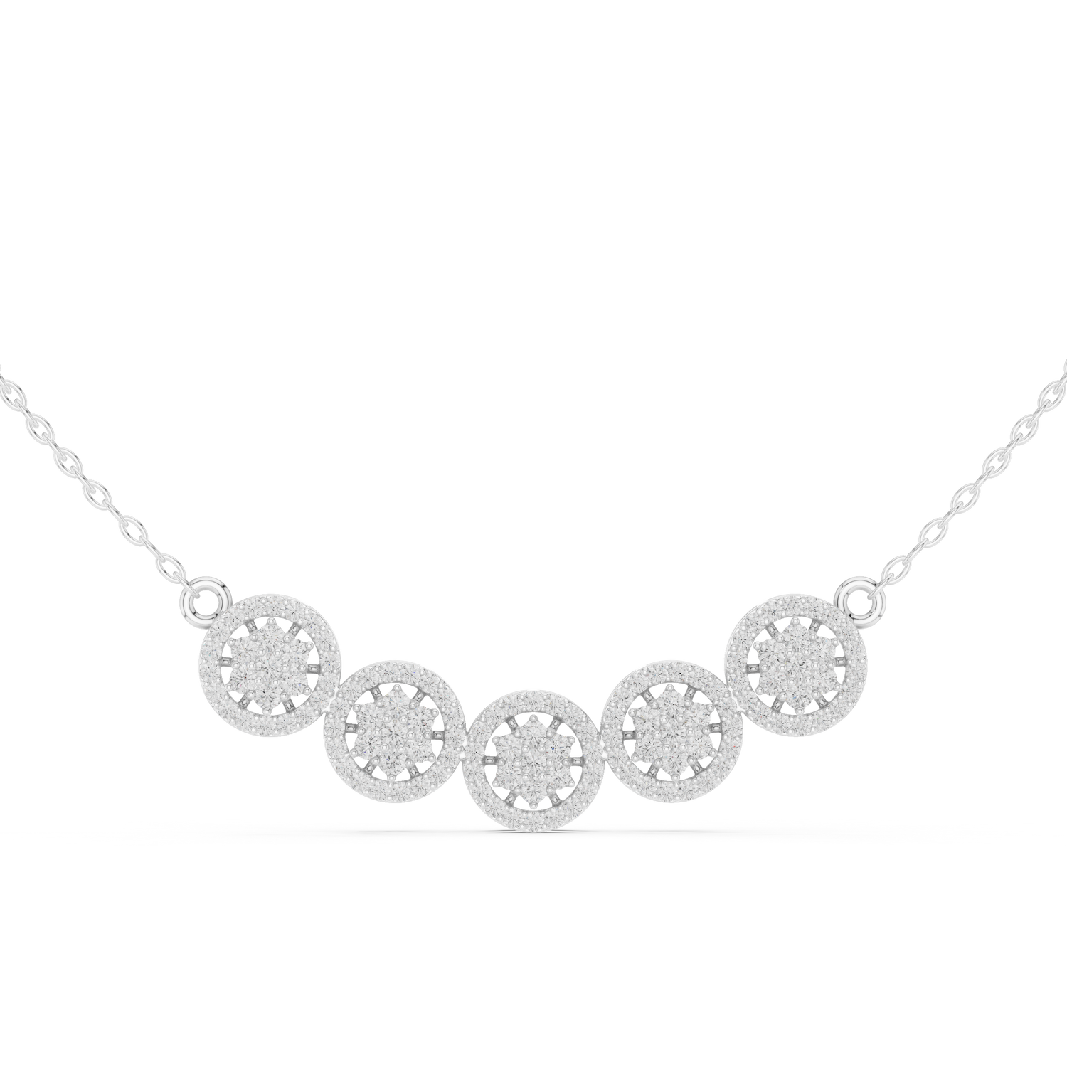 Crystal-embedded necklace featuring five intricately crafted circular pendants with sparkling crystals