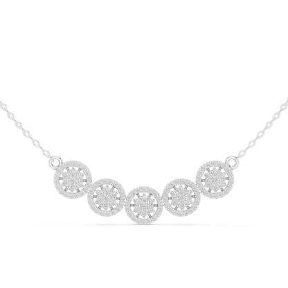 Crystal-embedded necklace featuring five intricately crafted circular pendants with sparkling crystals