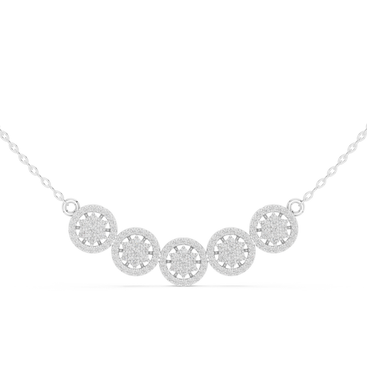 Crystal-embedded necklace featuring five intricately crafted circular pendants with sparkling crystals