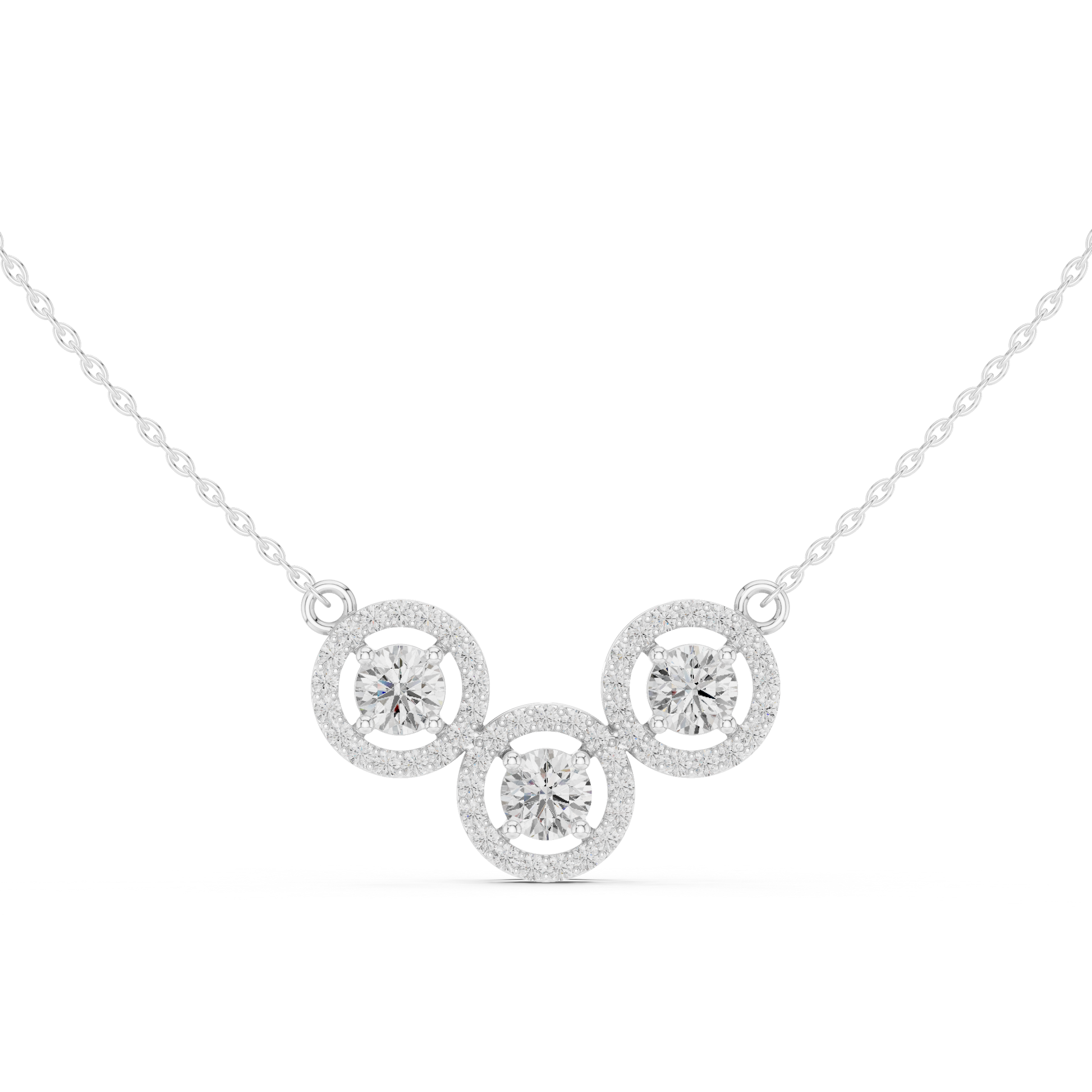 Rhythm of Love diamond necklace featuring a triple halo design with a sparkling moving center stone