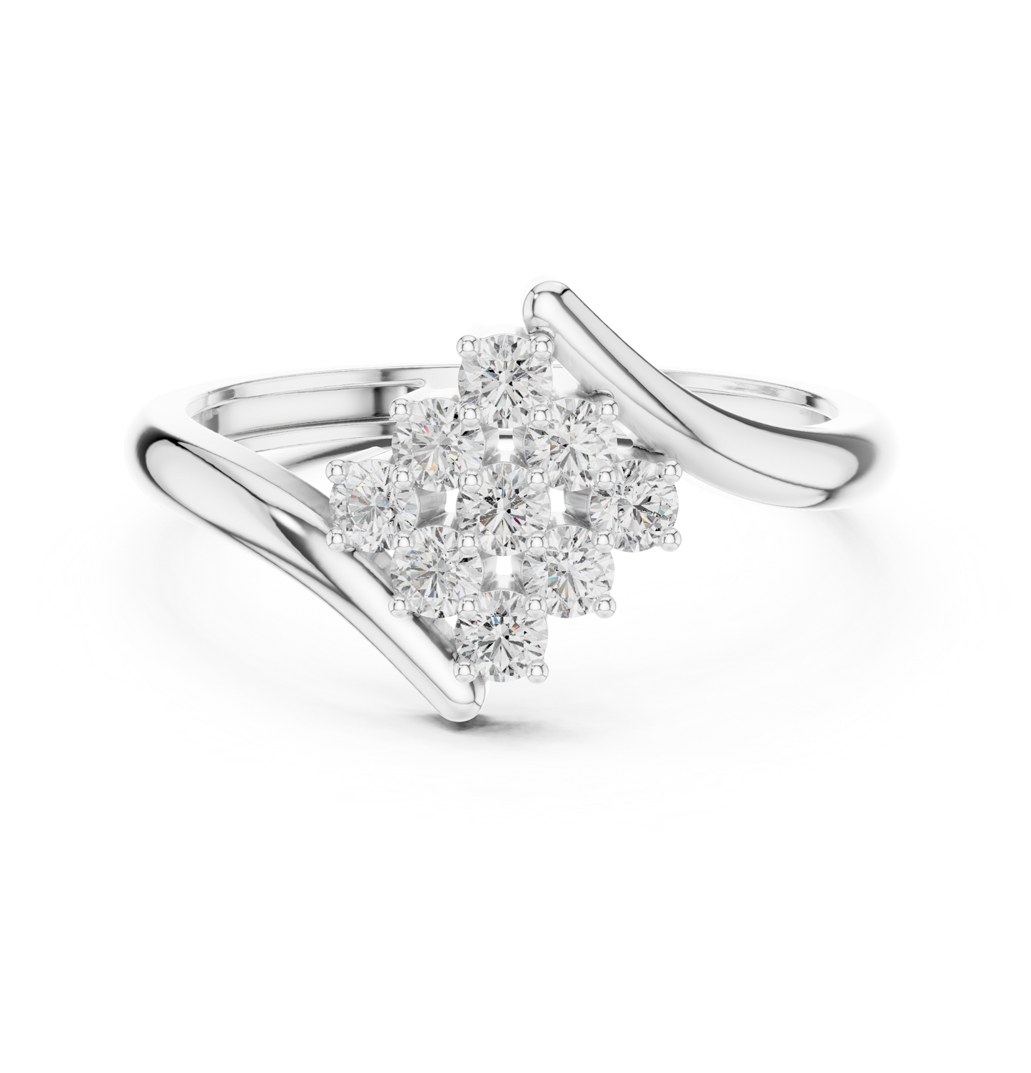 Diamond cluster bypass ring with round diamonds in 935 silver

Elegant white gold crossover ring featuring round diamond cluster

Modern women’s diamond ring with bypass band and cluster center