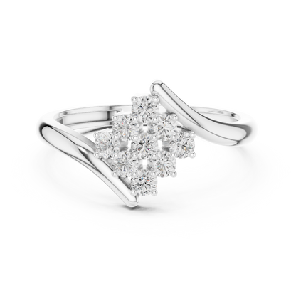 Diamond cluster bypass ring with round diamonds in 935 silver

Elegant white gold crossover ring featuring round diamond cluster

Modern women’s diamond ring with bypass band and cluster center