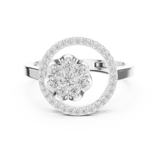 Floral diamond cluster ring with halo of smaller diamonds in 935 silver

Elegant white gold flower-shaped diamond halo ring

Romantic women’s diamond ring with floral motif cluster design
