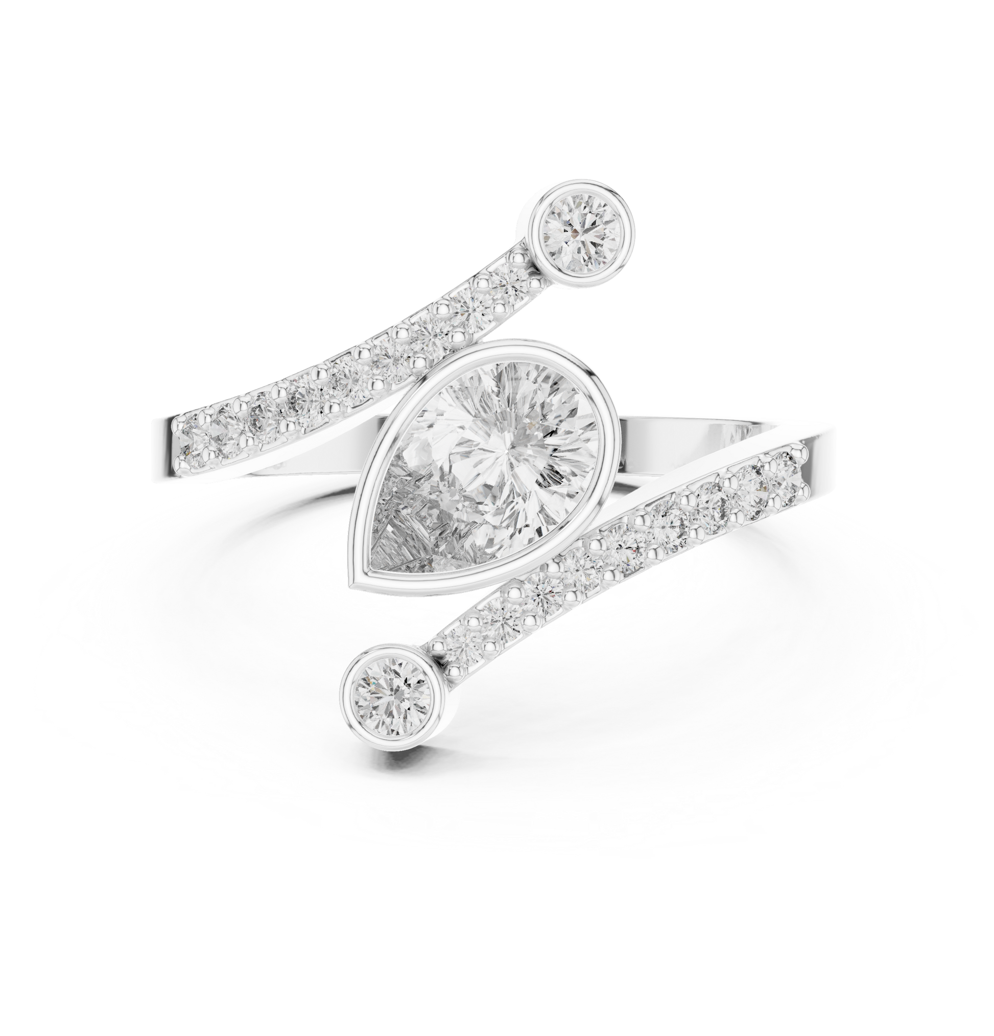 Pear-shaped diamond bypass ring with pavé-set split bands in 935 silver

Elegant white gold wrap-style ring featuring pear-cut center diamond

Modern women’s engagement ring with pear diamond and pavé swirl bands