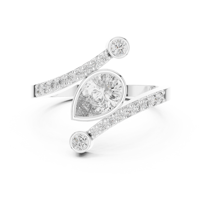 Pear-shaped diamond bypass ring with pavé-set split bands in 935 silver

Elegant white gold wrap-style ring featuring pear-cut center diamond

Modern women’s engagement ring with pear diamond and pavé swirl bands