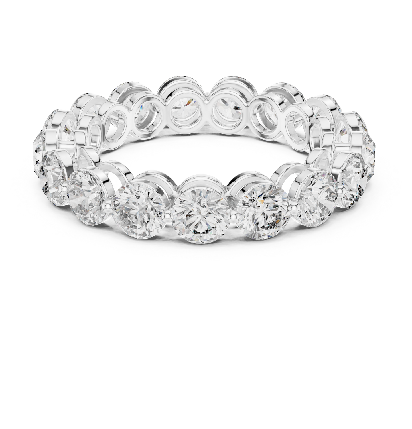 Full diamond eternity band with round diamonds in shared prong setting

Elegant white gold U-prong eternity ring with continuous round diamonds

Luxury women’s eternity band featuring lab-grown round diamonds