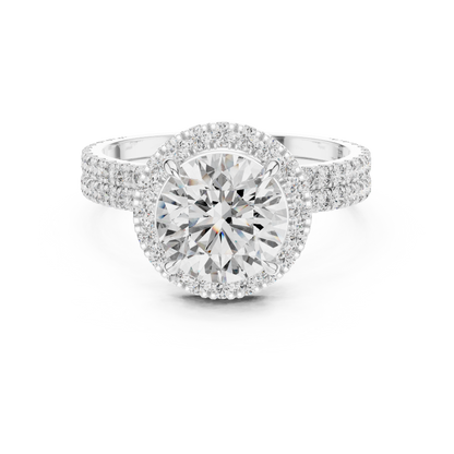 Double Halo Round Cut Diamond Engagement Ring | Split Shank Elegance