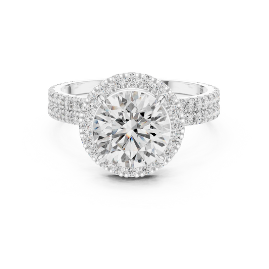 Double Halo Round Cut Diamond Engagement Ring | Split Shank Elegance