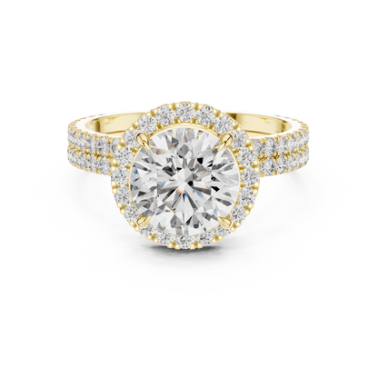 Double Halo Round Cut Diamond Engagement Ring | Split Shank Elegance