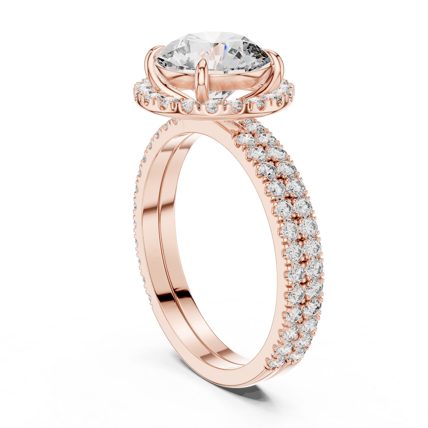Double Halo Round Cut Diamond Engagement Ring | Split Shank Elegance