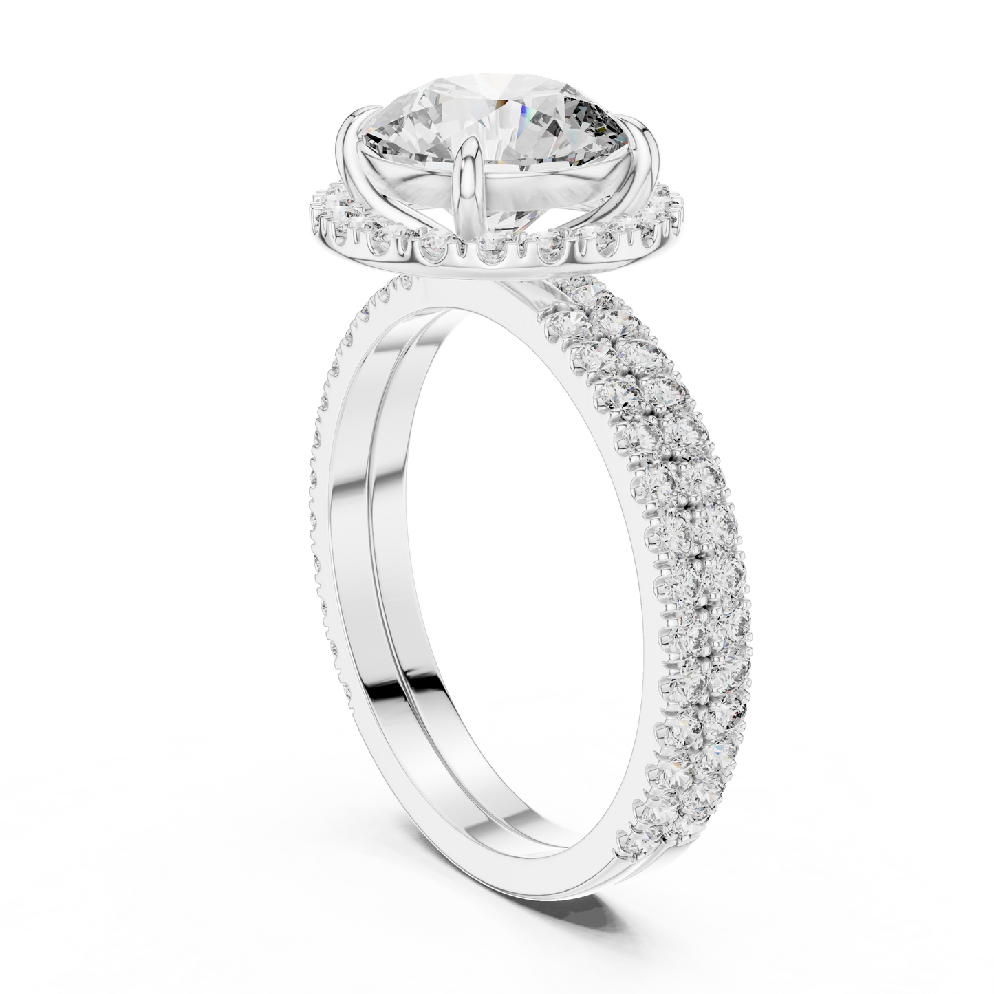 Double Halo Round Cut Diamond Engagement Ring | Split Shank Elegance
