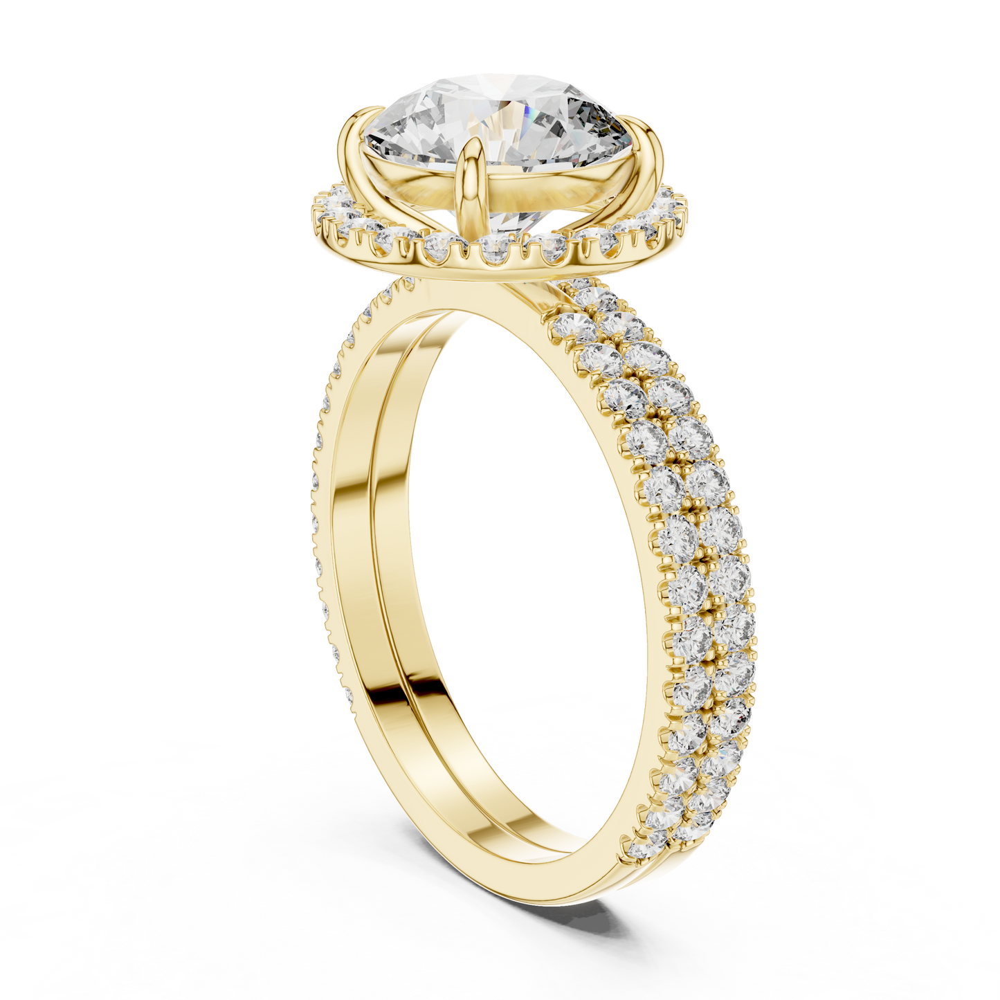 Double Halo Round Cut Diamond Engagement Ring | Split Shank Elegance