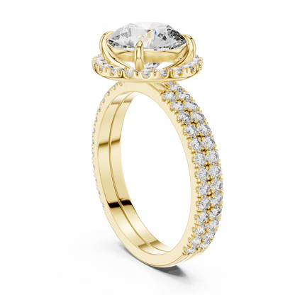 Double Halo Round Cut Diamond Engagement Ring | Split Shank Elegance