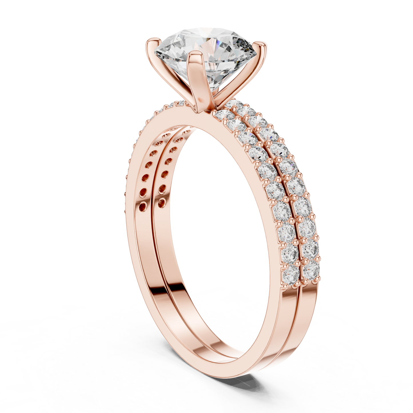 Lab-Grown Diamond Engagement & Wedding Ring Set | Round Center with Pavé Accents