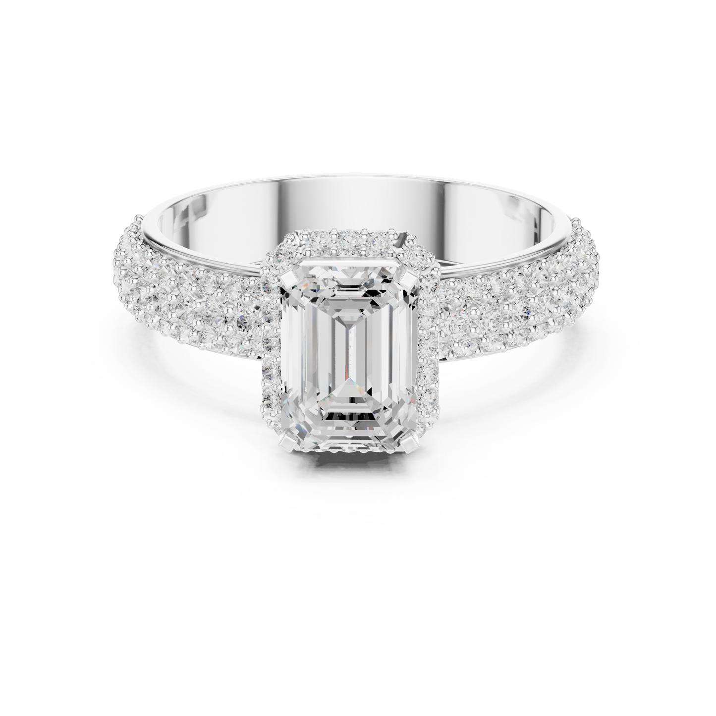 Emerald-cut lab-grown diamond engagement ring with halo and pave band in 935 silver

White gold engagement ring featuring emerald-cut center with halo and pave-set diamonds

Modern women’s bridal ring with lab-grown emerald-cut diamond and sparkling pave band
