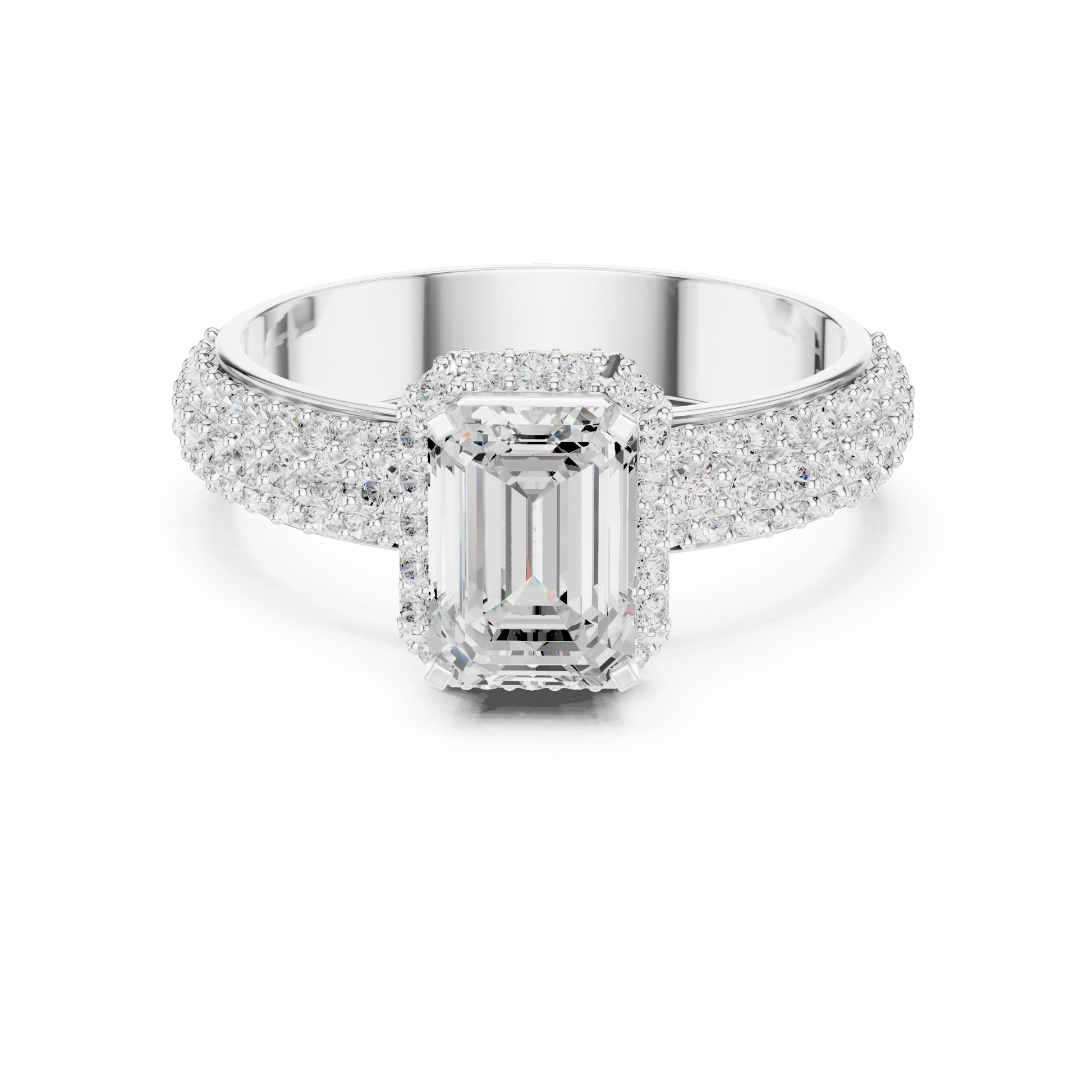 Emerald-cut lab-grown diamond engagement ring with halo and pave band in 935 silver

White gold engagement ring featuring emerald-cut center with halo and pave-set diamonds

Modern women’s bridal ring with lab-grown emerald-cut diamond and sparkling pave band