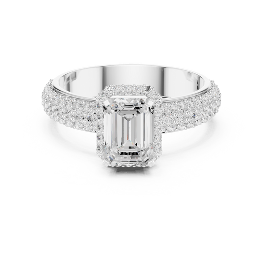 Emerald-cut lab-grown diamond engagement ring with halo and pave band in 935 silver

White gold engagement ring featuring emerald-cut center with halo and pave-set diamonds

Modern women’s bridal ring with lab-grown emerald-cut diamond and sparkling pave band