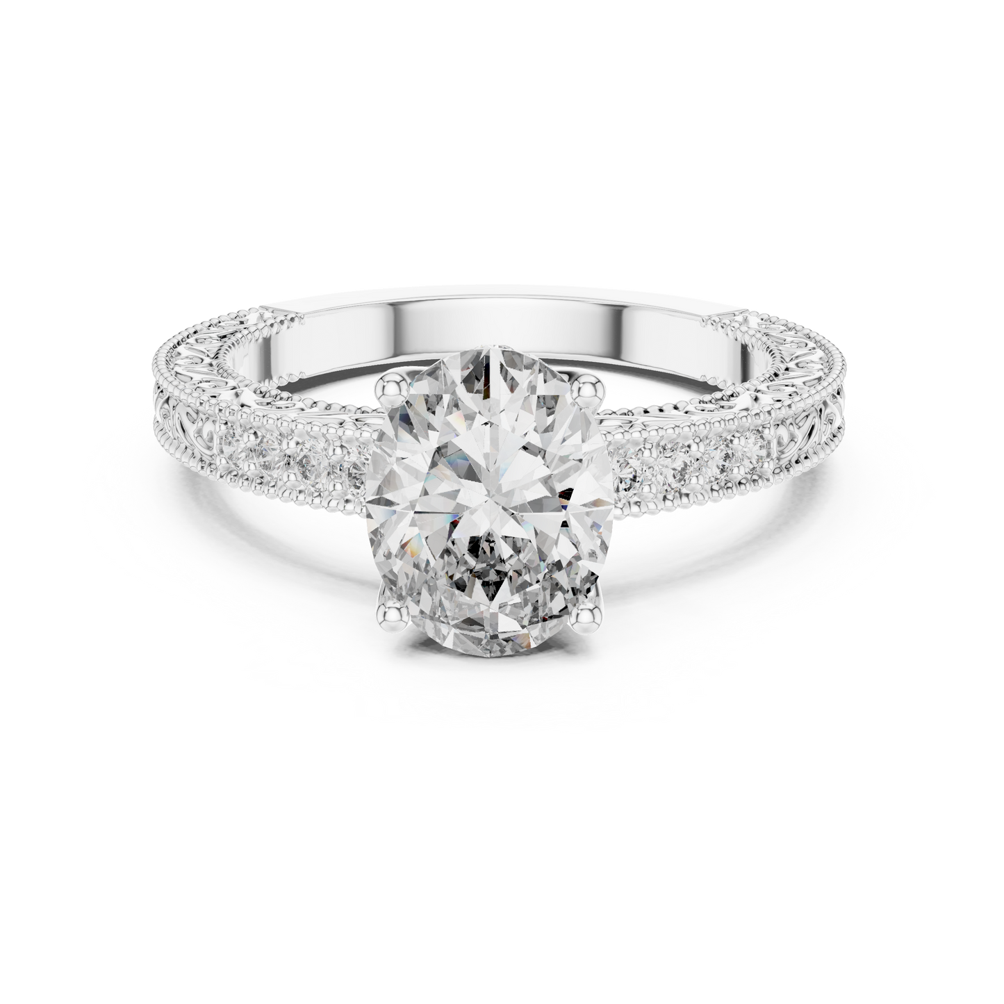 Oval-cut diamond engagement ring with pavé side stones in white gold

Elegant women’s engagement ring featuring oval center and pavé accents

Statement bridal ring with sparkling side stones